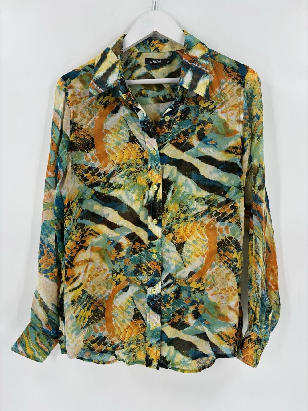 Pure Amici Button Up Womens Medium Multicolor Silk Sheer Long Sleeves Abstract